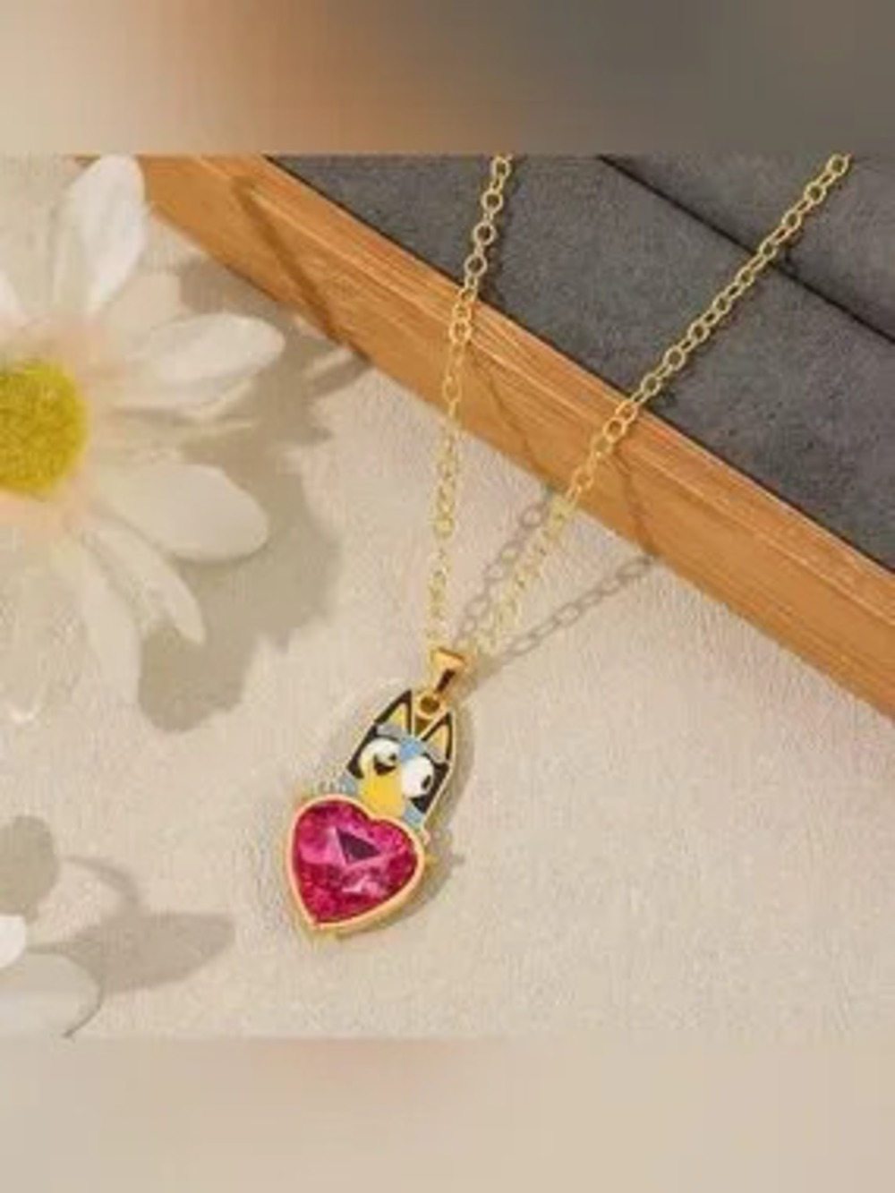 Bluey Holding Ruby Colored Heart Gold Tone Pendant Necklace Disney Character